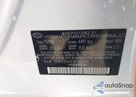 2019 Hyundai Sonata Se z USA, uszkodzony, nr VIN 5NPE24AF5KH738070